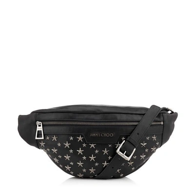 Shop Jimmy Choo Derry Black Biker Leather Waist Bag With Gunmetal Stars In Black/gunmetal