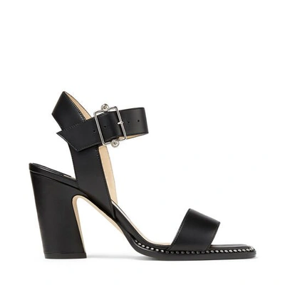 Shop Jimmy Choo Minase 85 Black Nappa Leather Block-heel Sandals With Crystal Trim