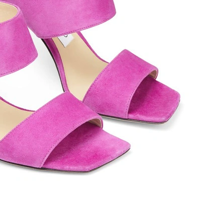 Shop Jimmy Choo Hira 85 Magenta Suede Mules With Double Straps