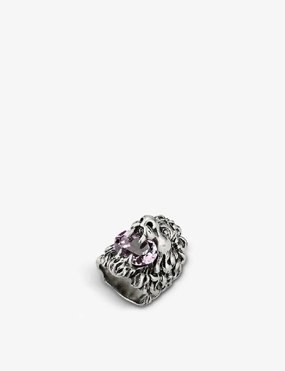 Shop Gucci Lion Head Crystal And Brass Ring