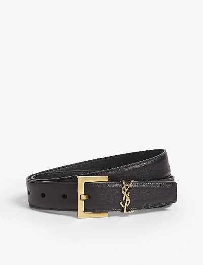 Shop Saint Laurent Women's Black Logo-buckle Leather Belt