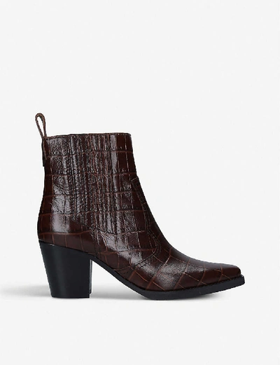 Shop Ganni Callie Crocodile-embossed Leather Ankle Boots In Brown