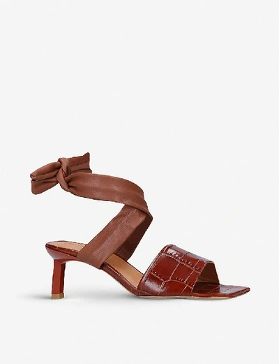 Shop Ganni Tie-up Croc-embossed Leather Heeled Sandals In Brown