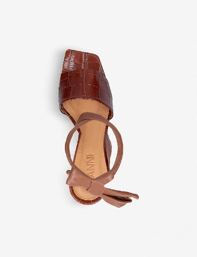 Shop Ganni Tie-up Croc-embossed Leather Heeled Sandals In Brown