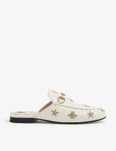 Shop Gucci Princetown Bee-embroidered Leather Loafers In Winter+wht