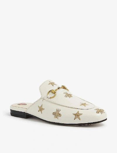 Shop Gucci Princetown Bee-embroidered Leather Loafers In Winter+wht