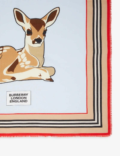 Shop Burberry Kids Deer-motif Cotton And Silk-blend Scarf 65cm X 65cm In Blue