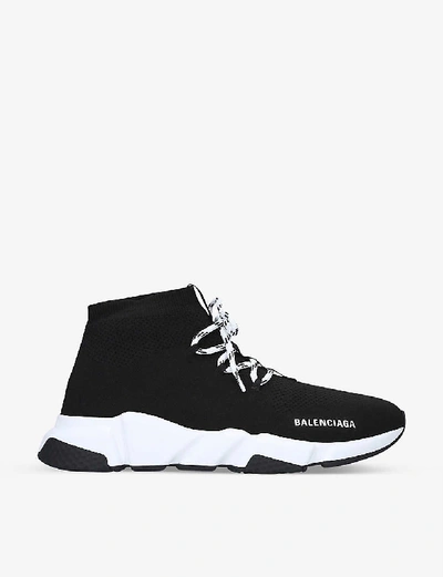 Shop Balenciaga Speed Knit Lace-up Mid-top Trainers In Blk/white