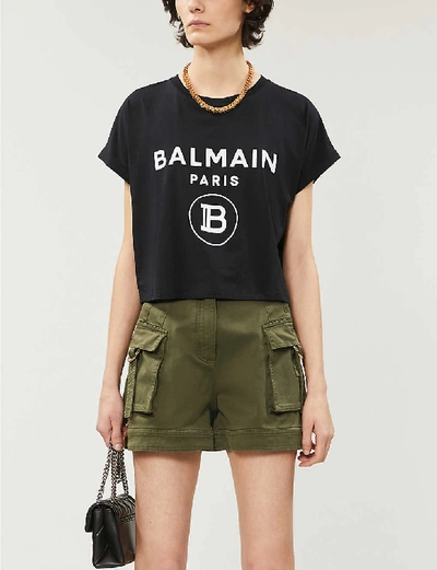 Shop Balmain Logo-print Cropped Cotton-jersey T-shirt In White+black