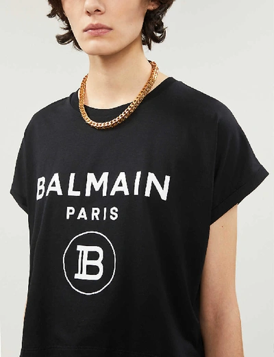 Shop Balmain Logo-print Cropped Cotton-jersey T-shirt In White+black