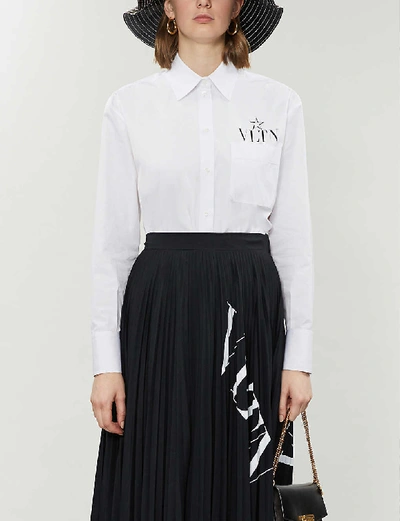 Shop Valentino Logo-print Cotton-poplin Shirt In White/+black