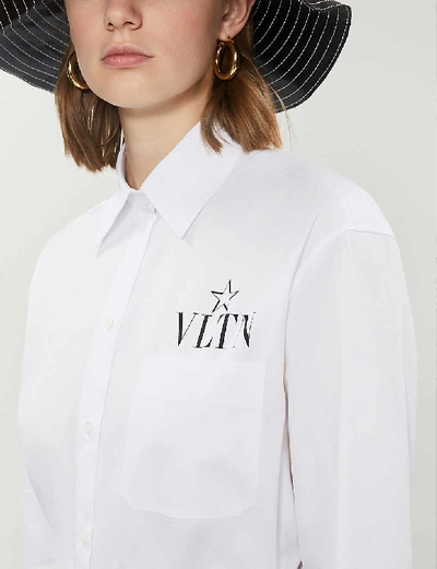 Shop Valentino Logo-print Cotton-poplin Shirt In White/+black