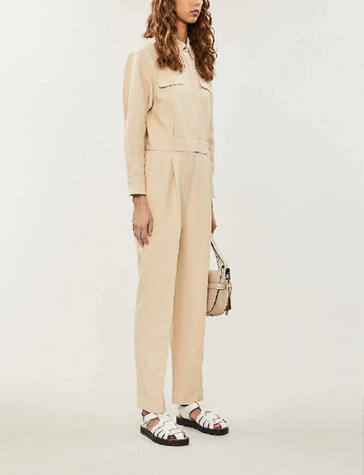 Sandro Uno Pleated Cotton And Linen-blend Twill Jumpsuit In Beige | ModeSens