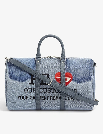 Shop Readymade Slogan-embroidered Denim Holdall In Blue Denim