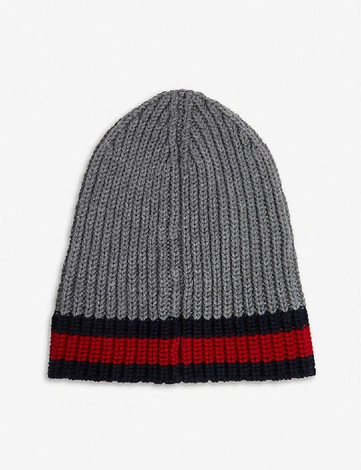 Shop Gucci Striped Knitted Wool Beanie In Grey