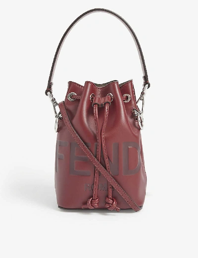 Shop Fendi Mon Trésor Logo-debossed Leather Bucket Bag In Dark Red
