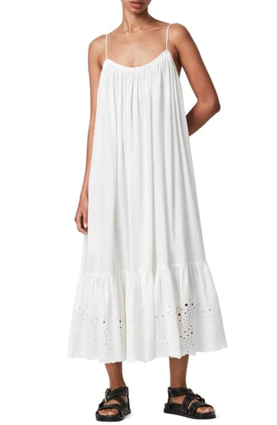 Shop Allsaints Paola Cotton Eyelet Trim Midi Dress In Chalk White