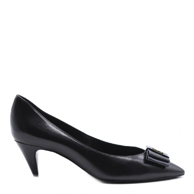 Shop Saint Laurent Anaïs Bow Pumps In Smooth Leather In Black/blue