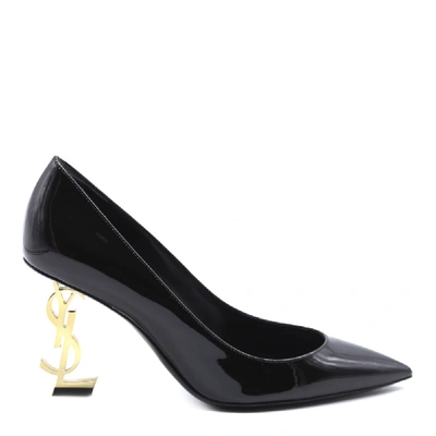 Shop Saint Laurent Opyum Pumps With Gold-toned Heel In Patent Leather In Black