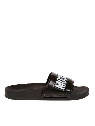 Shop Moschino Rubber Sliders In Black