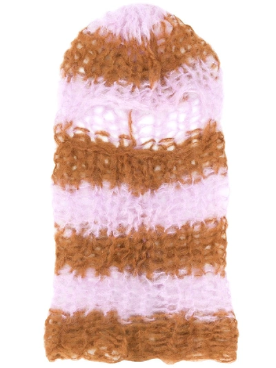 Shop Raf Simons Mohair-polyamide Blend Striped Loose Knit Balaclava In Brown