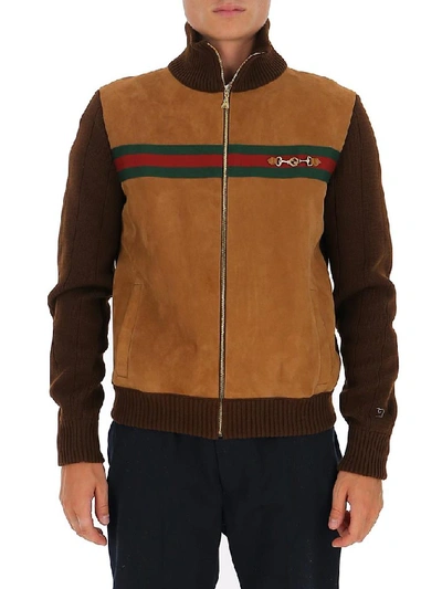 Shop Gucci Horsebit Knit Bomber Jacket In Brown