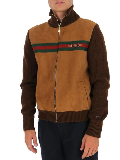 Shop Gucci Horsebit Knit Bomber Jacket In Brown
