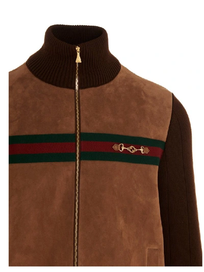 Shop Gucci Horsebit Knit Bomber Jacket In Brown