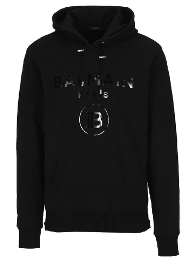 Shop Balmain Foil Logo Hoodie In Black