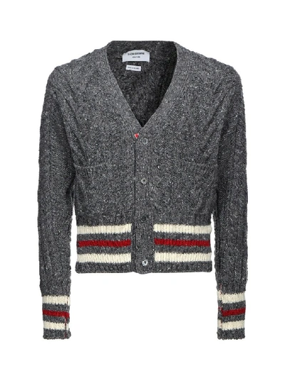 Shop Thom Browne Striped Cable Knit Cardigan In Grey