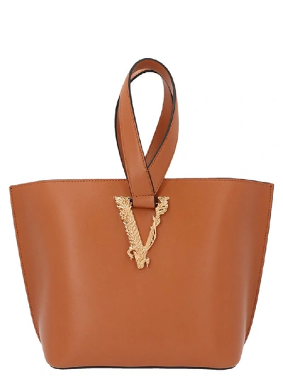 Shop Versace Virtus Medium Bucket Bag In Brown