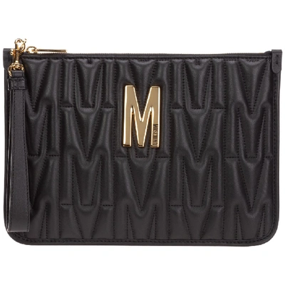 Shop Moschino Quilted Logo Plaque Clutch In Black