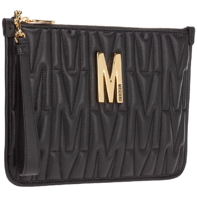 Shop Moschino Quilted Logo Plaque Clutch In Black