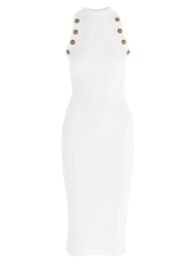 Shop Balmain Button Embellished Knit Dress In White