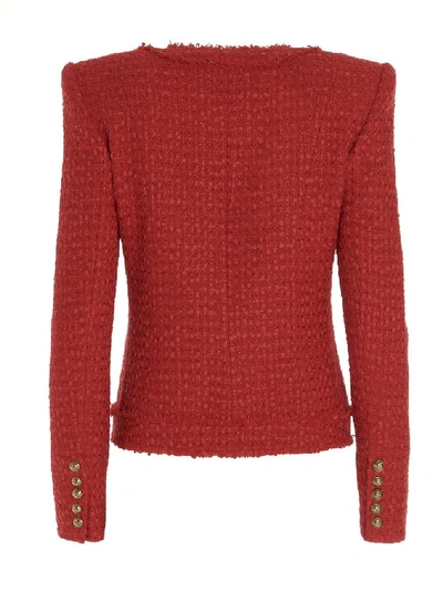 Shop Balmain Collarless Tweed Jacket In Red