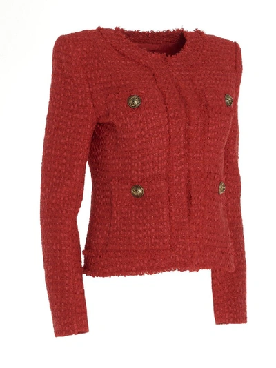 Shop Balmain Collarless Tweed Jacket In Red