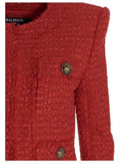 Shop Balmain Collarless Tweed Jacket In Red
