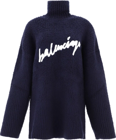 Shop Balenciaga Scribble Logo Turtleneck Knit Sweater In Blue