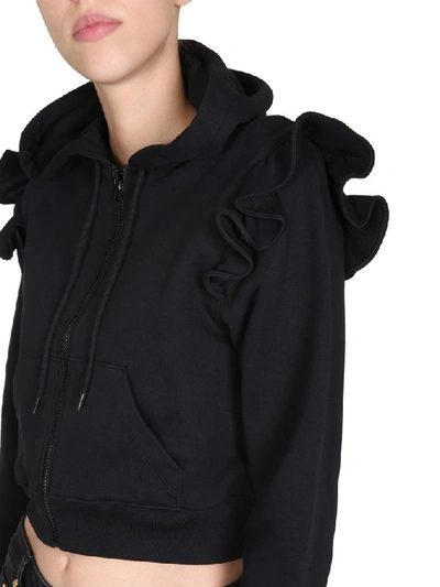 Shop Moschino Ruffle Cropped Hooded Jacket In Black