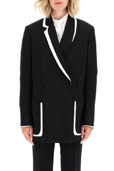 Shop Fendi Contrast Trim Double Breasted Blazer In Black