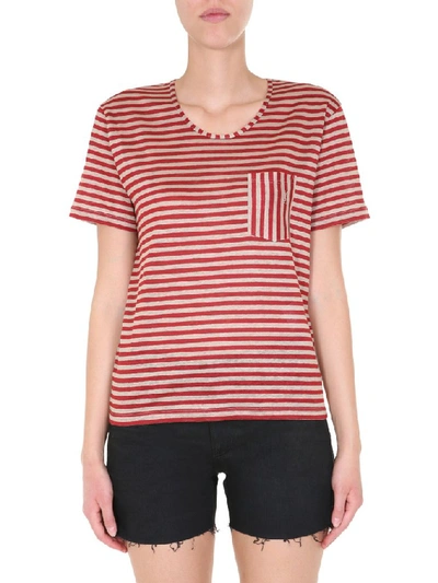 Shop Saint Laurent Striped Monogram Pocket T In Red