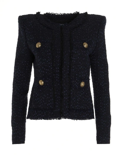 Shop Balmain Collarless Tweed Jacket In Blue