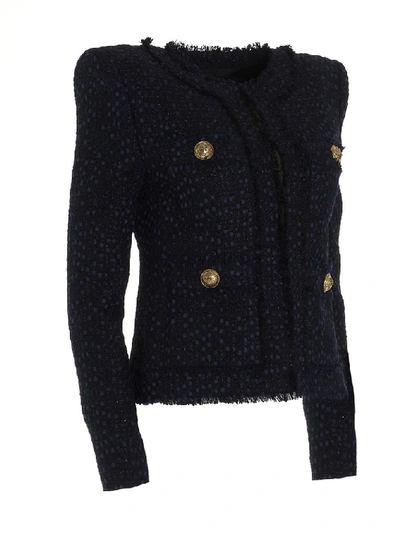 Shop Balmain Collarless Tweed Jacket In Blue