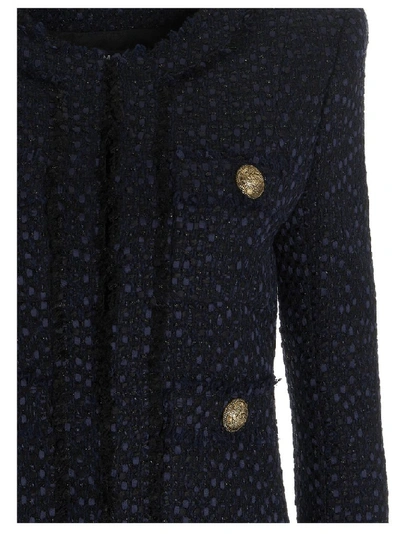 Shop Balmain Collarless Tweed Jacket In Blue