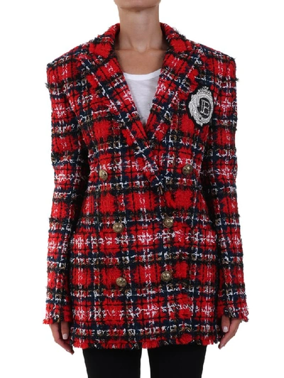 Shop Balmain Tartan Tweed Over Jacket In Multi