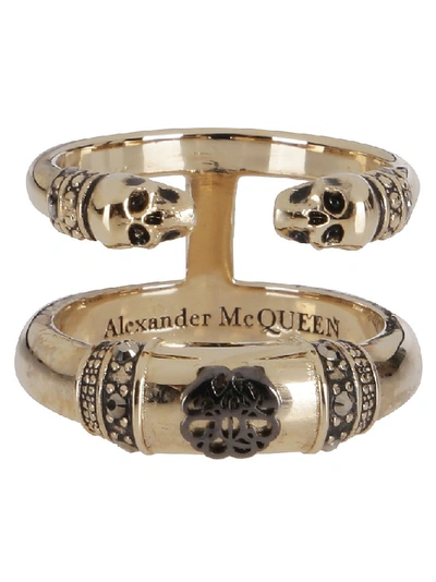 Shop Alexander Mcqueen Skull Double Band Ring In Gold