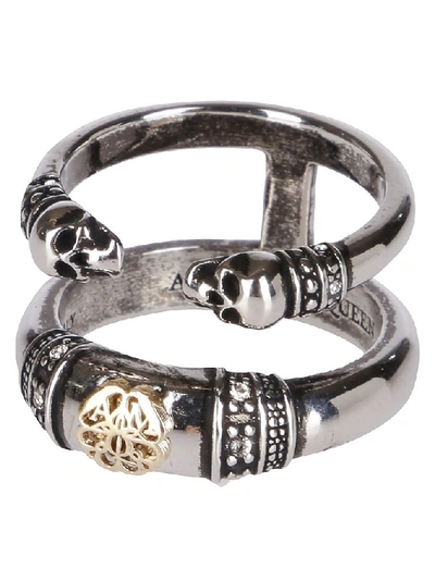 Shop Alexander Mcqueen Twin Skull Ring In Silver