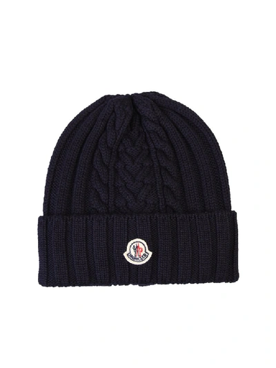 Shop Moncler Logo Patch Cable Knit Beanie In Navy