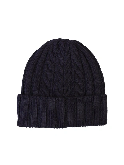 Shop Moncler Logo Patch Cable Knit Beanie In Navy