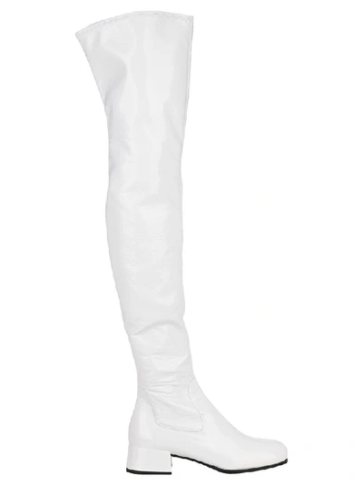 Shop Prada Round Toe Thigh High Boots In White